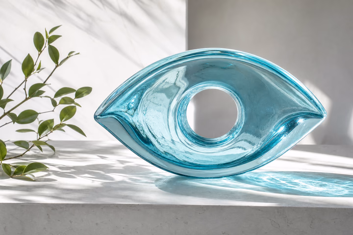 Composición editorial de una escultura de vidrio inspirada en un ojo